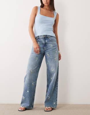 Mango Beverly cotton mix straight jeans with floral embroidery in blue