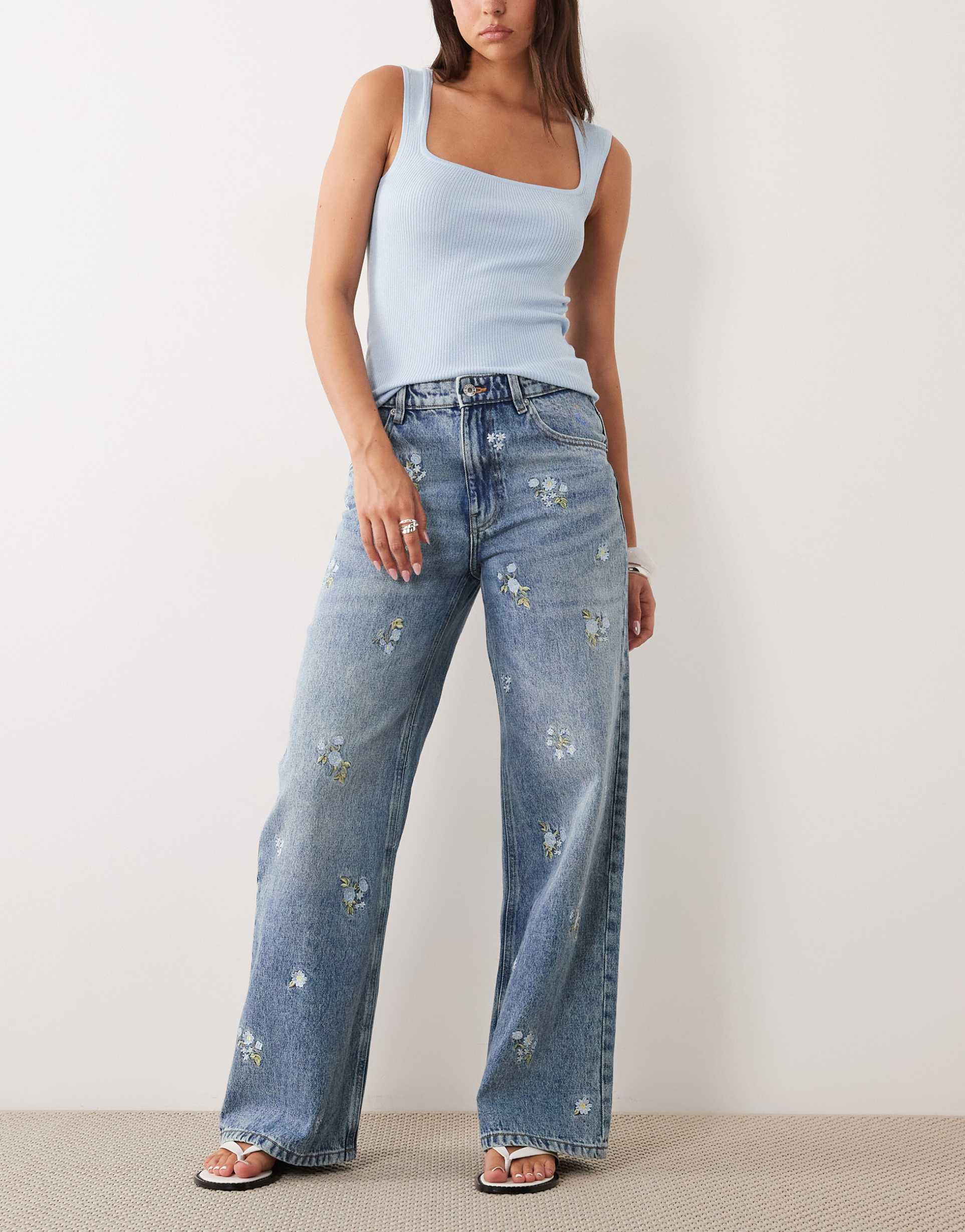 mango beverly cotton mix straight jeans with floral embroidery in blue