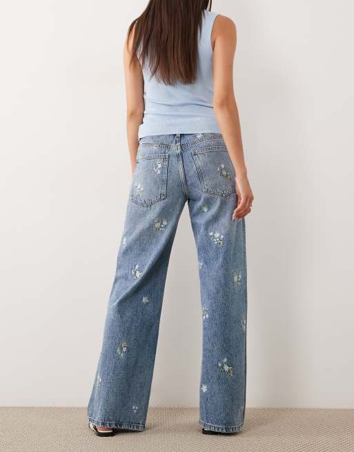 Mango Beverly cotton mix straight jeans with floral embroidery in blue, 2 of 5