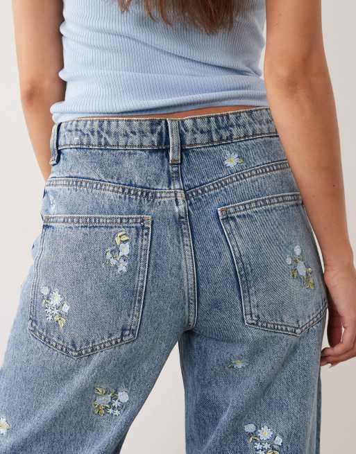 Mango Beverly cotton mix straight jeans with floral embroidery in blue, 4 of 5
