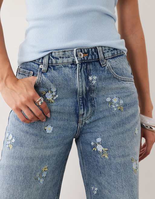 Mango Beverly cotton mix straight jeans with floral embroidery in blue, 5 of 5