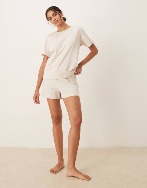 Mango – Beżowa bawełniana piżama: luźny T-shirt i szorty