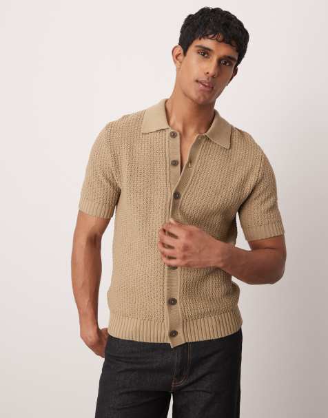 Mango button through knitted shirt in beige