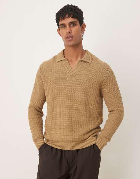Mango knitted open collar polo shirt in beige