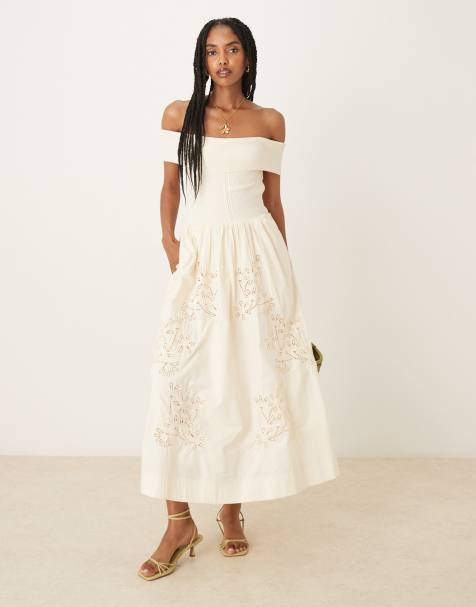 Mango bardot knitted bodice a-line maxi dress with cut out detailing in beige