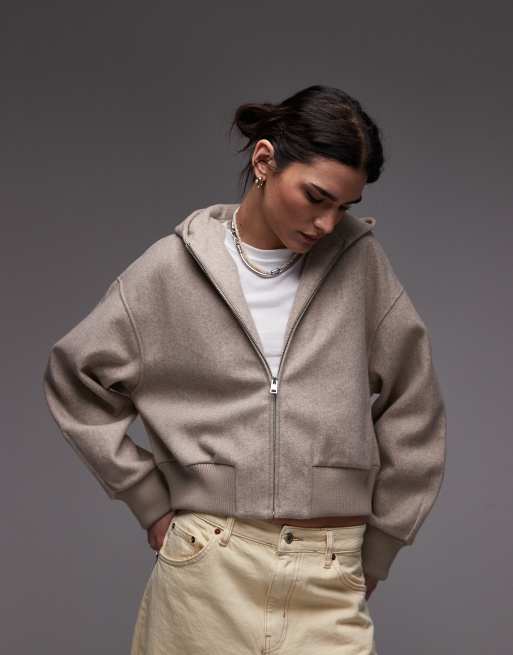 Mango – Beżowa miękka bluza oversize z kapturem i zapięciem na zamek