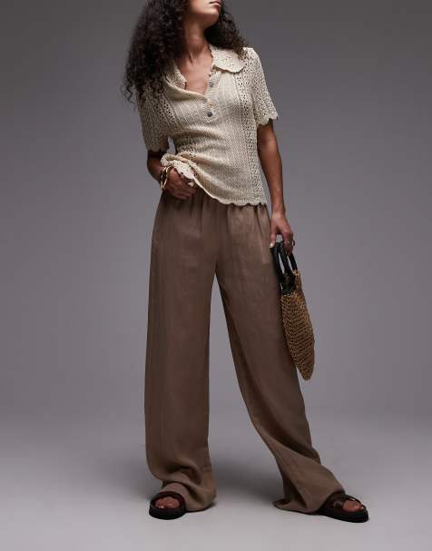 Mango crinkle elasticated waist straight leg trouser in beige