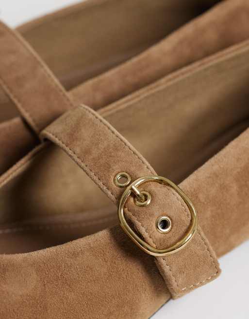 Mango – Beżowe płaskie buty ze 100% zamszu z ozdobną klamrą, 4 z 4
