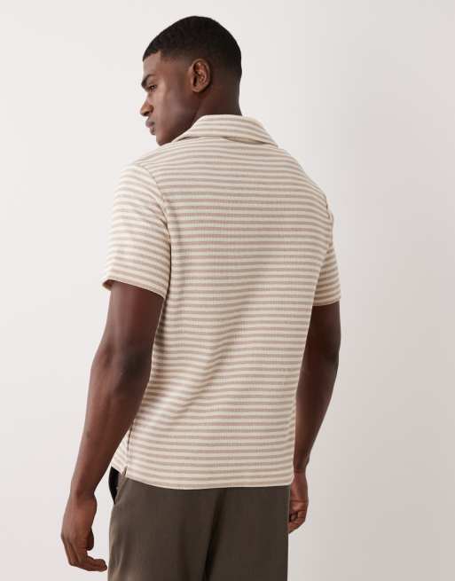 Mango – Beżowy bawełniany T-shirt w paski z kołnierzykiem kubańskim, 5 z 5