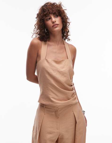 Mango cotton halter cinched side top co-ord in beige