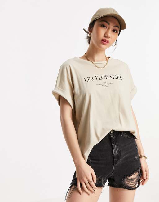 Mango – Beżowy T-shirt bawełniany z napisem „Les Florales” – BEIGE, 4 z 4