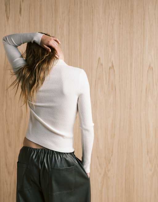 Mango – Beżowy top polo z dzianiny z domieszką wełny, 4 z 4