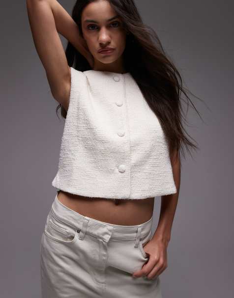 Mango tailored round neck waistcoat in white