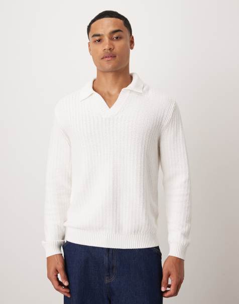 Mango knitted open collar polo shirt in white