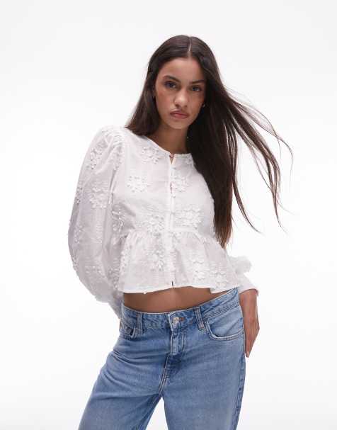 Mango embroidered button front blouse in white
