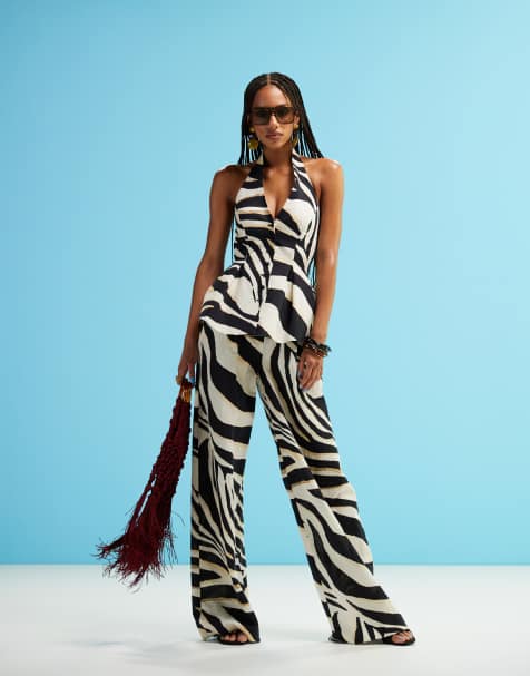 Mango zebra halter linen mix waistcoat co-ord in white