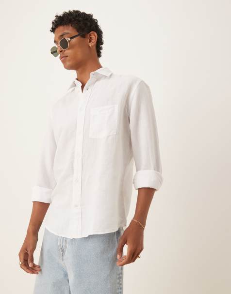 Mango linen mix long sleeve shirt in white