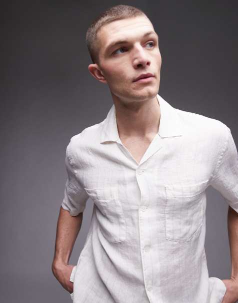 Mango open collar short sleeve linen mix shirt in white