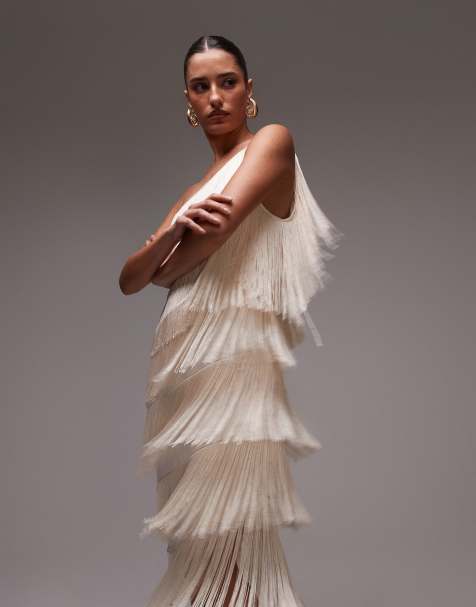 Mango fringe one shoulder maxi dress in white