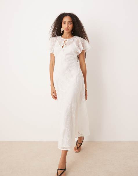 Mango embroidered lace maxi dress with cape overlay in white 