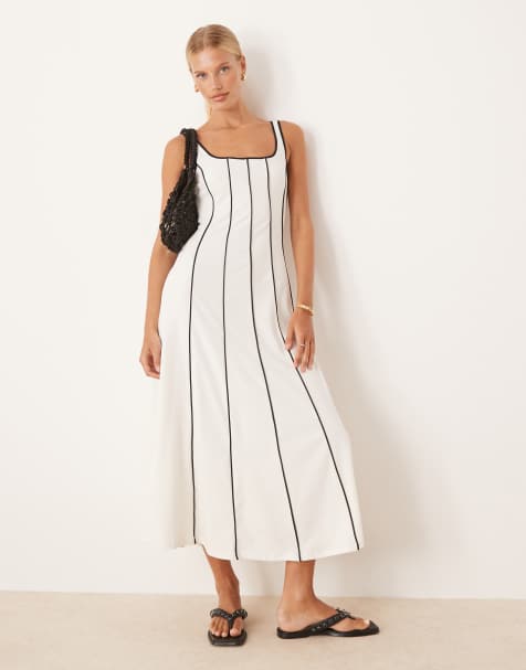 Mango sqaure neck midi dress with contrast seam detail in white 