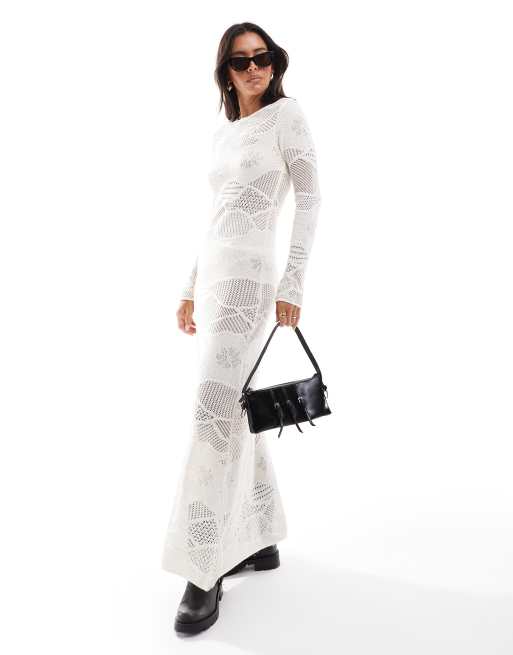Mango – Biała szydełkowana sukienka maxi w mieszany wzór