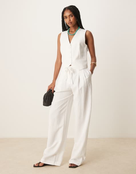 Mango straight leg light weight tie waist detail trouser co-ord in white