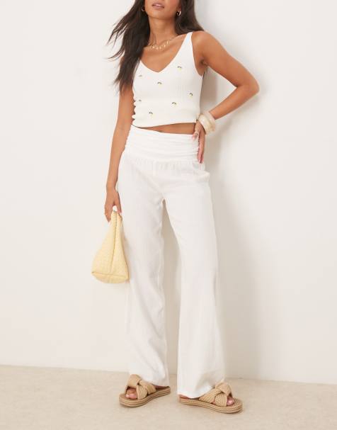 Mango fold over waist straight leg trouser in white