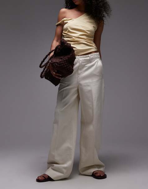Mango elasticated waist wide leg trouser in white