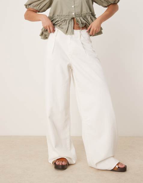 Mango wide leg raw hem waist trouser in white