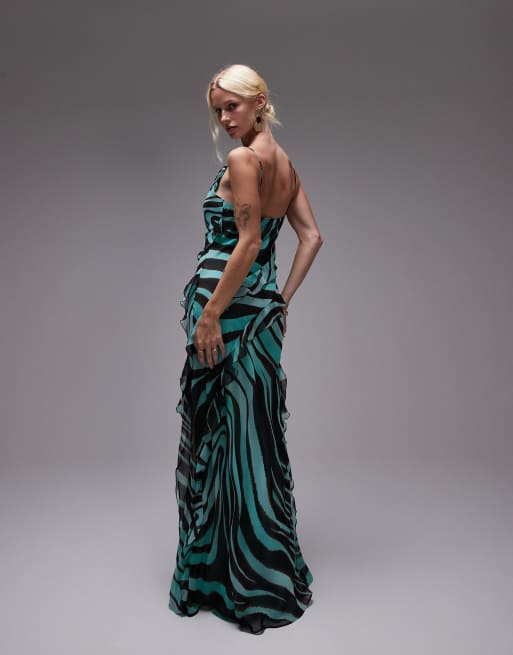 Mango bias slip maxi dress in blue zebra print, 3 of 4