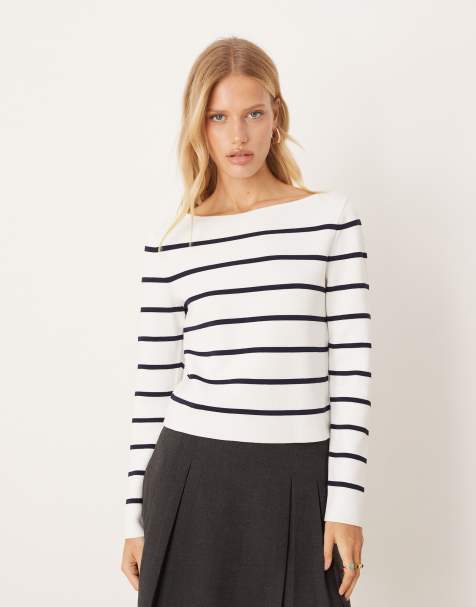 Mango knitted off shoulder long sleeve top in white