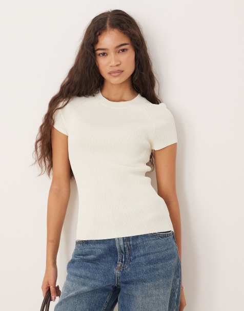 Mango round neck short sleeve knitted top in white