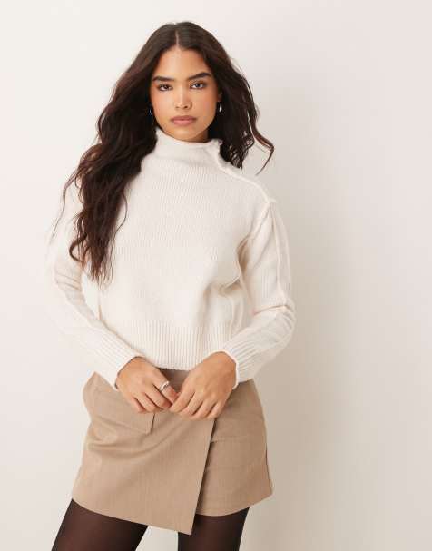 Mango ridged edge high neck jumper in white