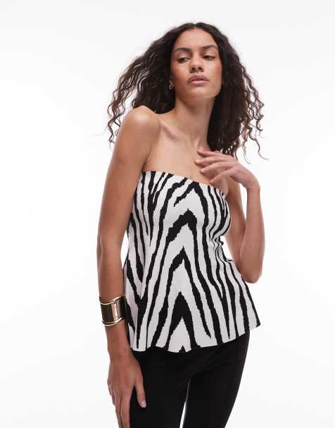 Mango zebra print knitted bandaeu top in white