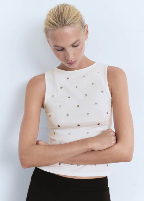 Mango high neck cotton mix sleeveless top with studs in white