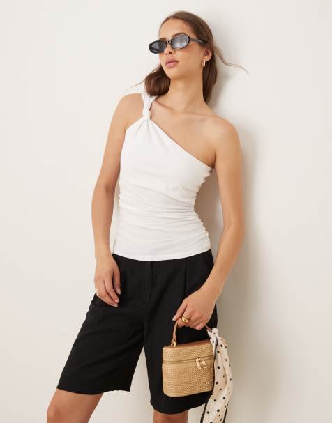 Mango jersey one shoulder twisted knot detail top with ruched cinch waist in white