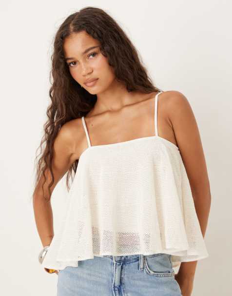 Mango cotton mix fine knit peplum cami top in white