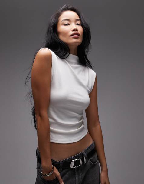 Mango high neck cap sleeve top in white