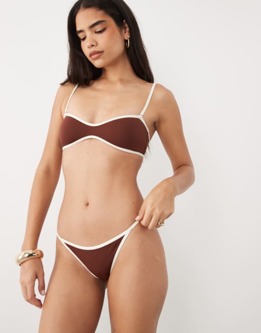 Mango bikini top in brown with white trim, 2 of 4