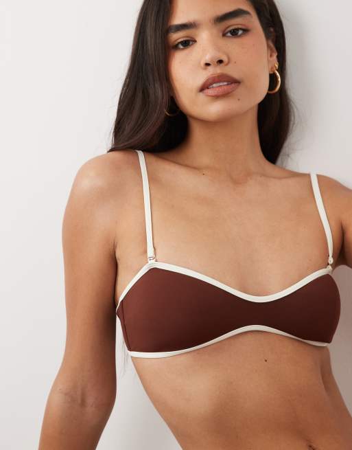 Mango bikini top in brown with white trim, 3 of 4