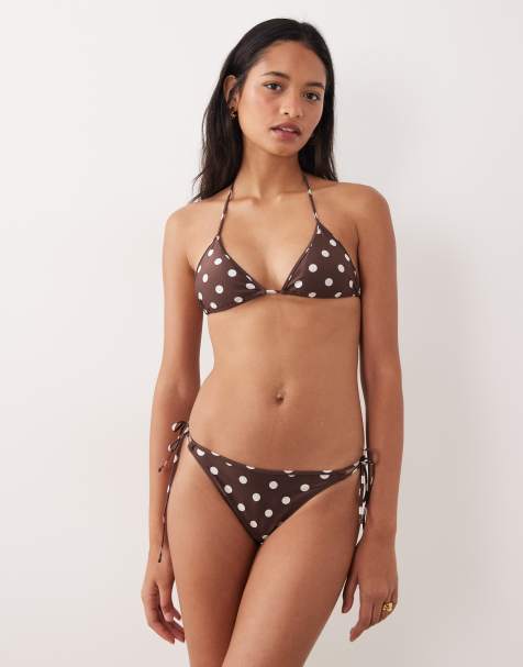 Mango – Bikinihose in Braun mit Polka Dots und seitlichem Bindedetail - view 1