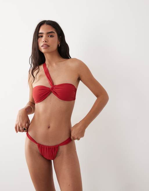 Mango - Bikinitopje met gedraaide voorkant en blote schouder in rood, 3 van 4