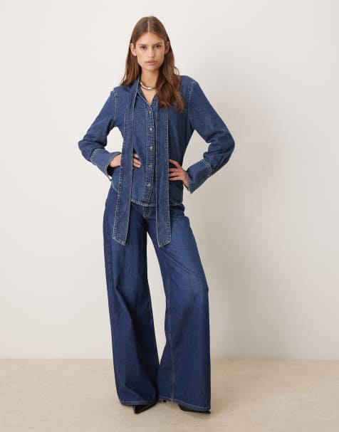 Mango - Blå denimskjorte i 100% bomuld med bindebånd i halsen - view 1