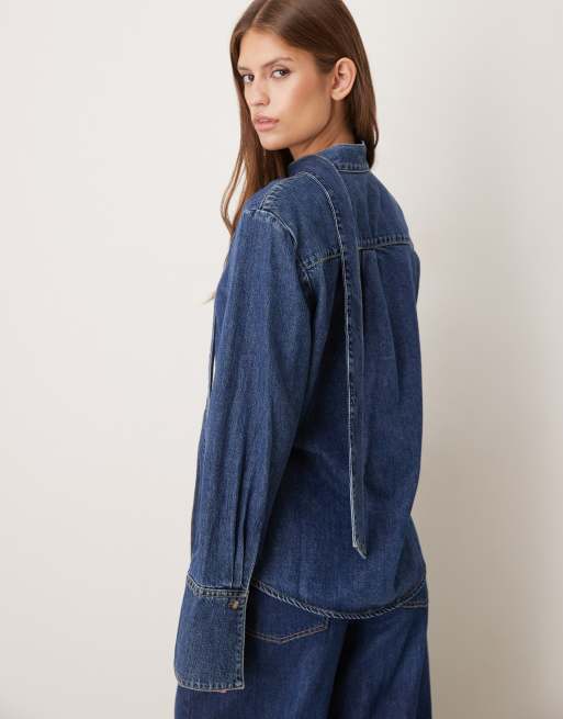 Mango - Blå denimskjorte i 100% bomuld med bindebånd i halsen, 4 af 4
