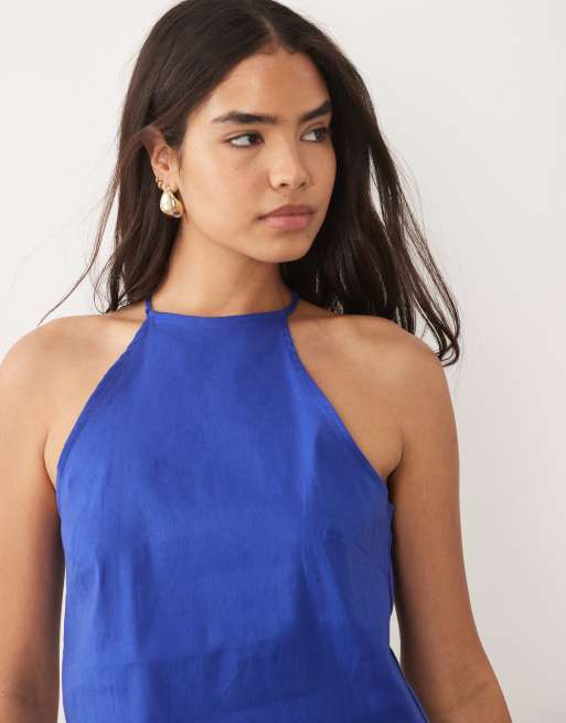 Mango - Blå top med halterneck i hørblanding, 3 af 4