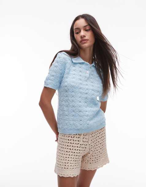 Mango – Bladoniebieski szydełkowany top polo - view 1
