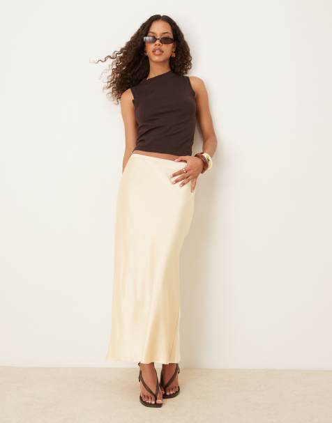 Mango satin midaxi skirt in buttermilk yellow