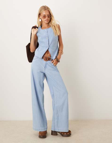 Mango – Blått, ljustvättat set med kostymväst och raka jeans - view 1