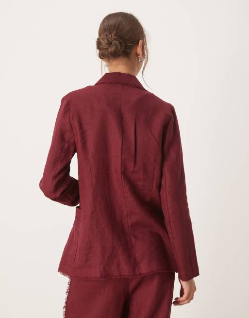 Mango - Blazer 100% lino rosso scuro con frange sui bordi in coordinato, 2 di 4